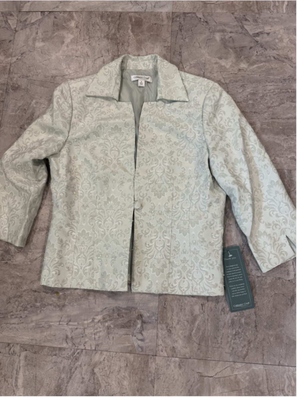NWT Coldwater Creek Pale Green Sequin Damask Print Button Jacket 3/4 Sleeve 8 - Picture 2 of 7